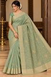 Sage Green Mercerized Cotton Saree with Antique Gold Floral Embroidery