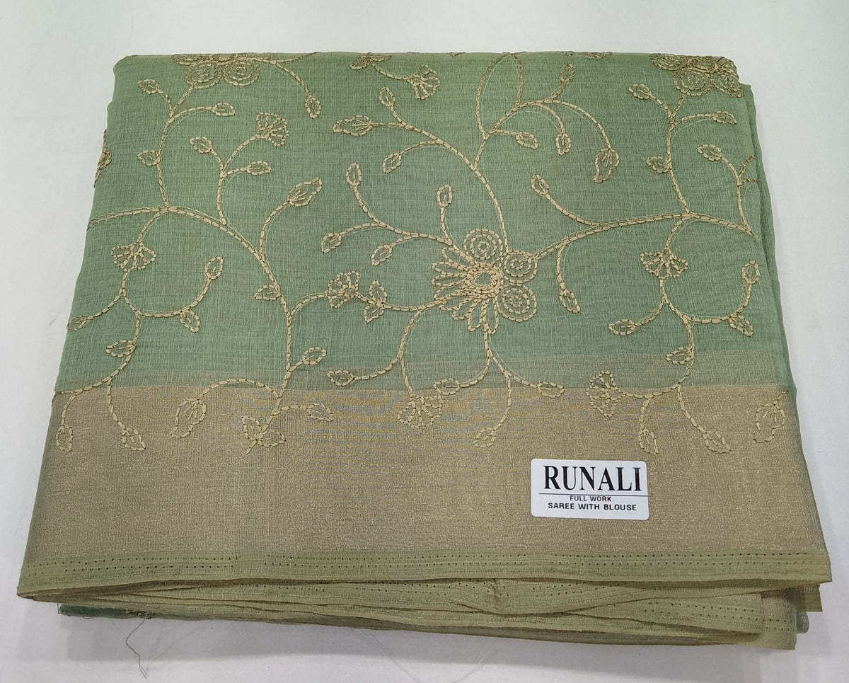 Sage Green Mercerized Cotton Saree with Antique Gold Floral Embroidery