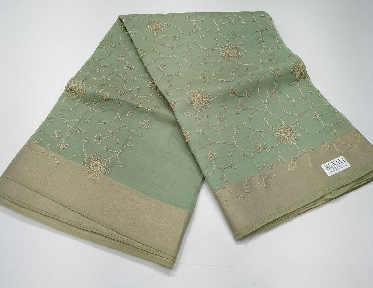 Sage Green Mercerized Cotton Saree with Antique Gold Floral Embroidery