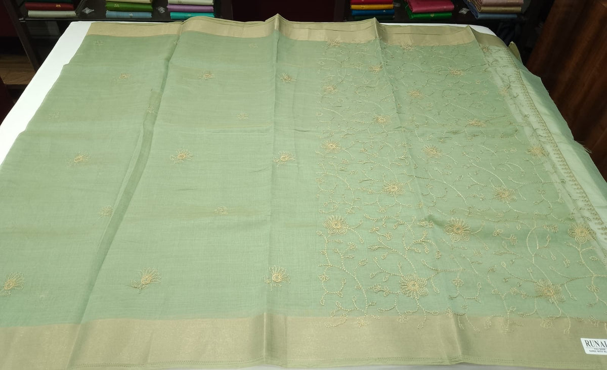 Sage Green Mercerized Cotton Saree with Antique Gold Floral Embroidery