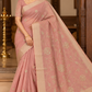 Dusty Rose Pink Mercerized Cotton Saree with Antique Gold Floral Embroidery