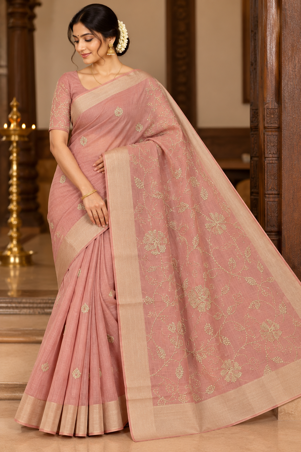 Dusty Rose Pink Mercerized Cotton Saree with Antique Gold Floral Embroidery