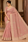 Dusty Rose Pink Mercerized Cotton Saree with Antique Gold Floral Embroidery
