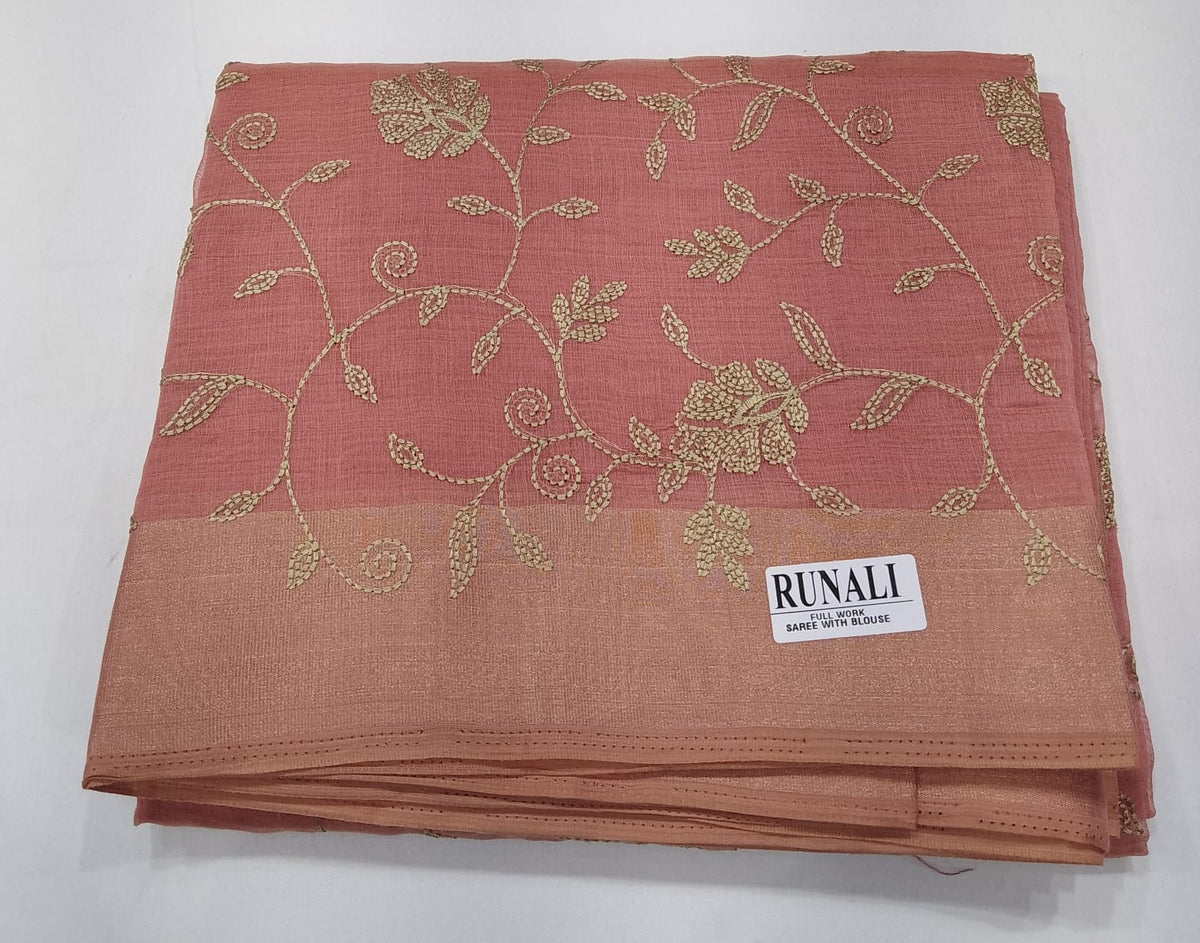 Dusty Rose Pink Mercerized Cotton Saree with Antique Gold Floral Embroidery