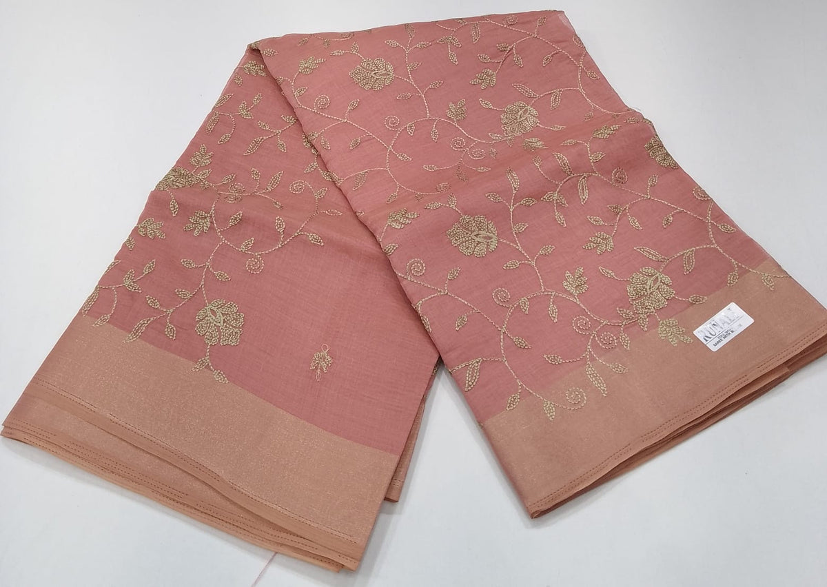 Dusty Rose Pink Mercerized Cotton Saree with Antique Gold Floral Embroidery