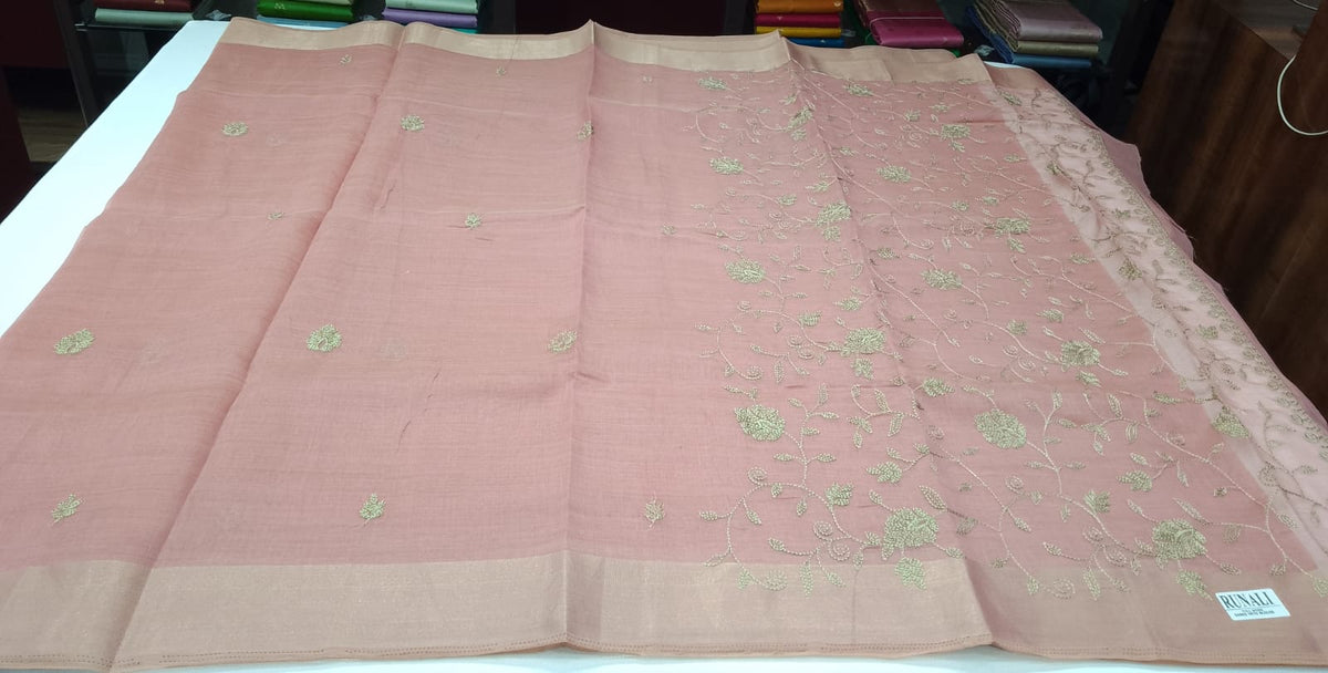 Dusty Rose Pink Mercerized Cotton Saree with Antique Gold Floral Embroidery