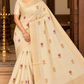 Ivory Cream Mercerized Cotton Saree with Multicolour Floral Embroidery