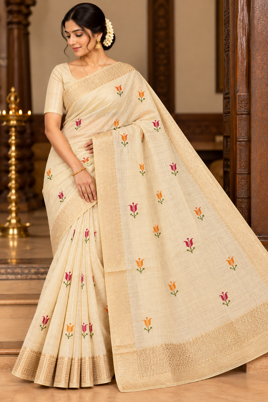 Ivory Cream Mercerized Cotton Saree with Multicolour Floral Embroidery
