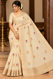 Ivory Cream Mercerized Cotton Saree with Multicolour Floral Embroidery