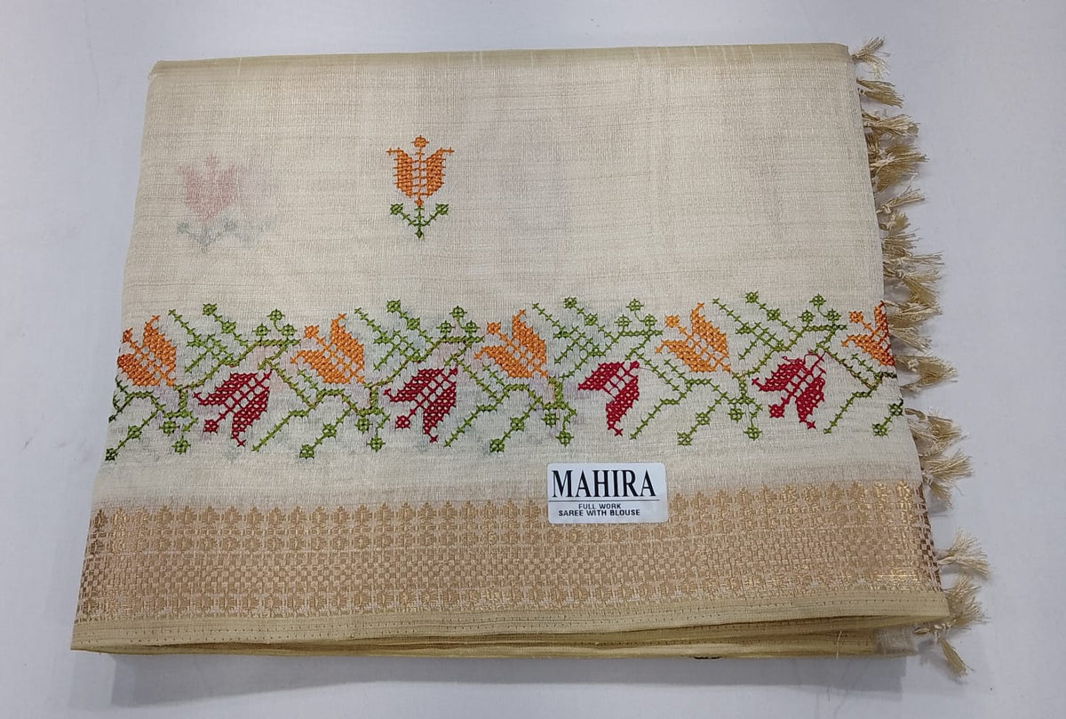 Ivory Cream Mercerized Cotton Saree with Multicolour Floral Embroidery