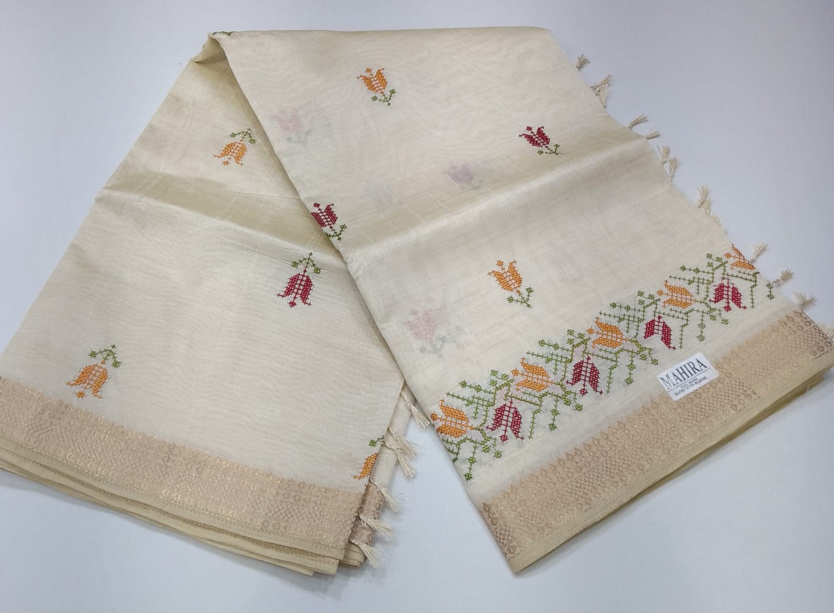 Ivory Cream Mercerized Cotton Saree with Multicolour Floral Embroidery