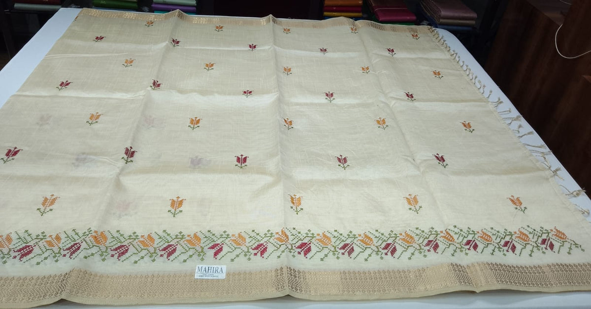 Ivory Cream Mercerized Cotton Saree with Multicolour Floral Embroidery