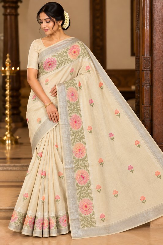 Ivory Cream Mercerized Beautiful Cotton Saree with Multicolour Floral Embroidery