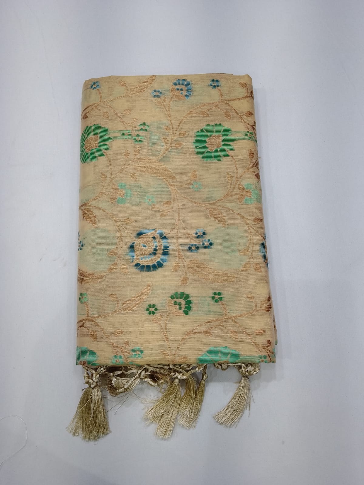 Champagne Beige Cotton Silk Saree with Sea Green & Blue Floral Weaves