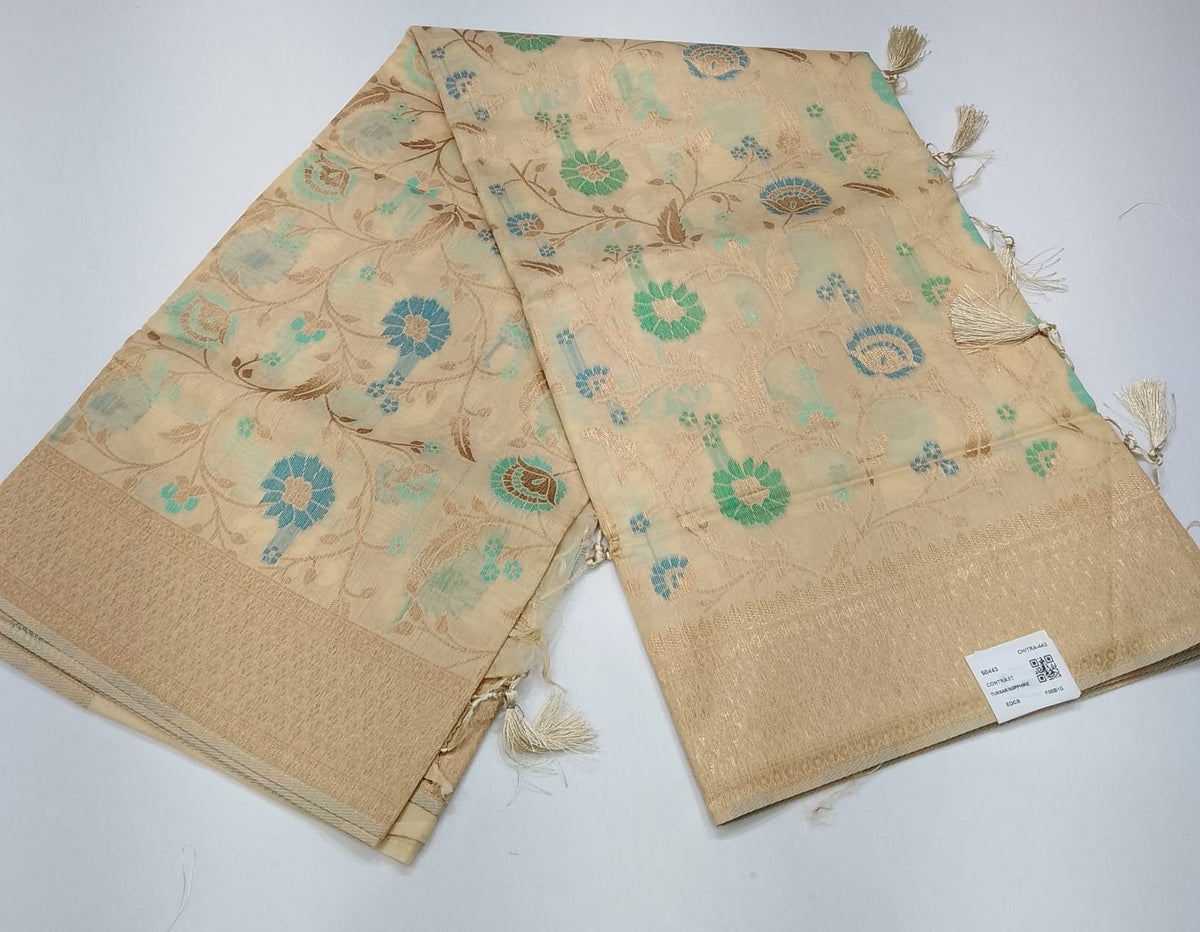 Champagne Beige Cotton Silk Saree with Sea Green & Blue Floral Weaves