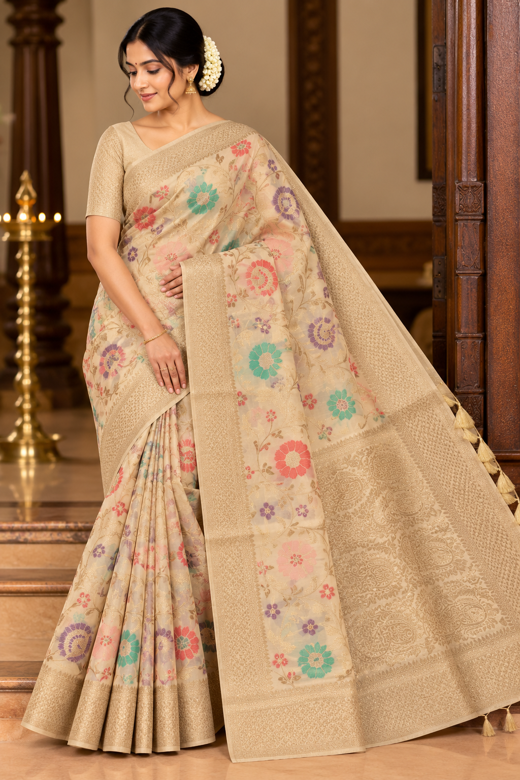 Cotton Silk Multicolour Floral Zari Saree