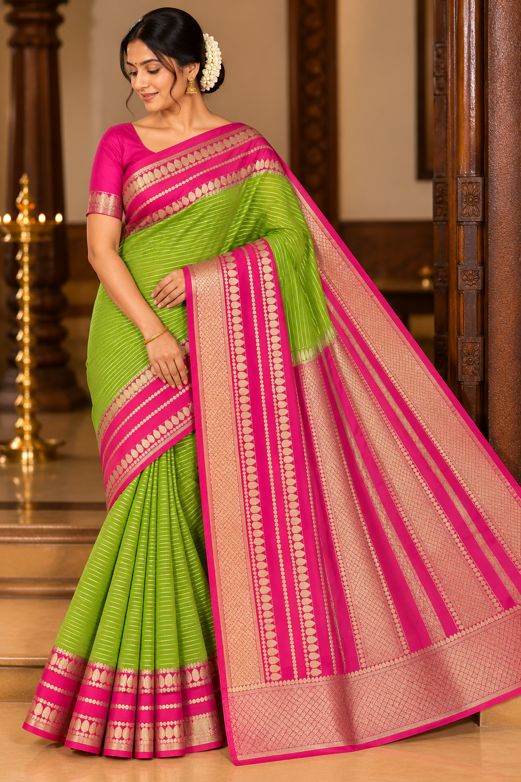 Mysore Semi Silk Lime Green & Rani Pink Zari Saree