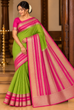 Mysore Semi Silk Lime Green & Rani Pink Zari Saree