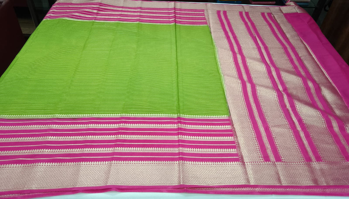 Mysore Semi Silk Lime Green & Rani Pink Zari Saree