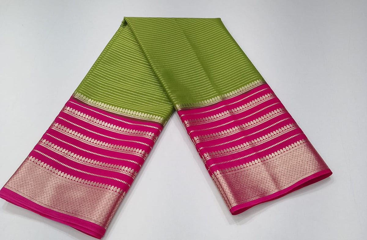 Mysore Semi Silk Lime Green & Rani Pink Zari Saree