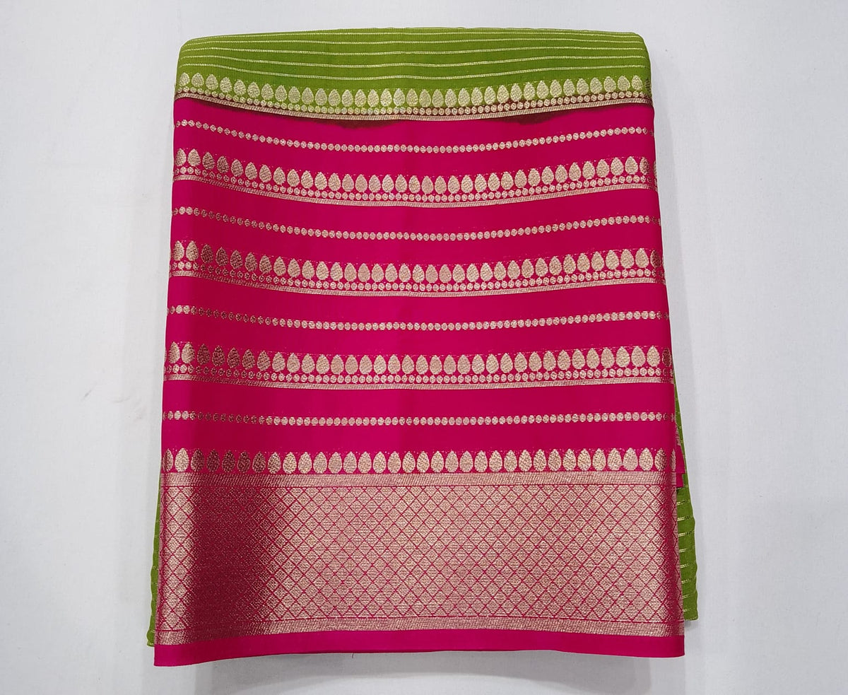 Mysore Semi Silk Lime Green & Rani Pink Zari Saree