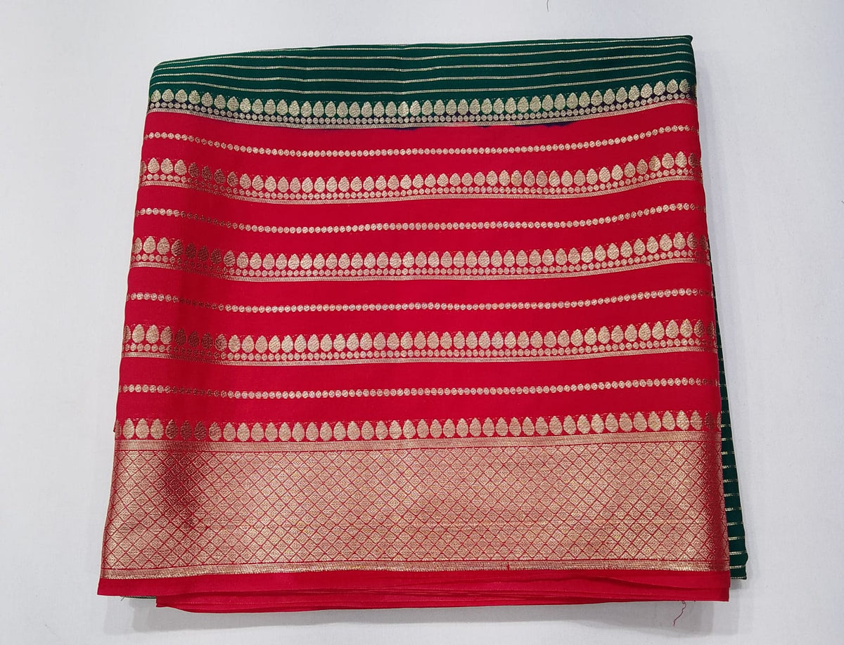 Mysore Semi Silk Bottle Green & Rani Pink Saree with Rich Zari Border