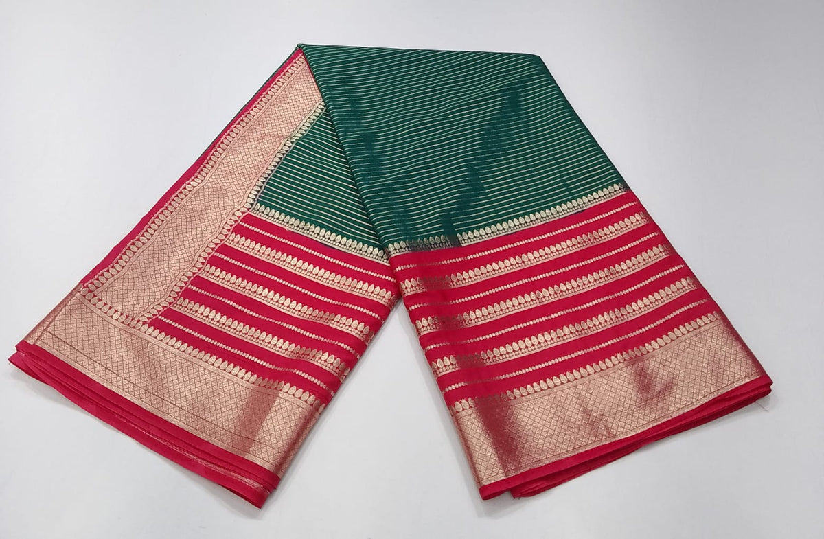 Mysore Semi Silk Bottle Green & Rani Pink Saree with Rich Zari Border