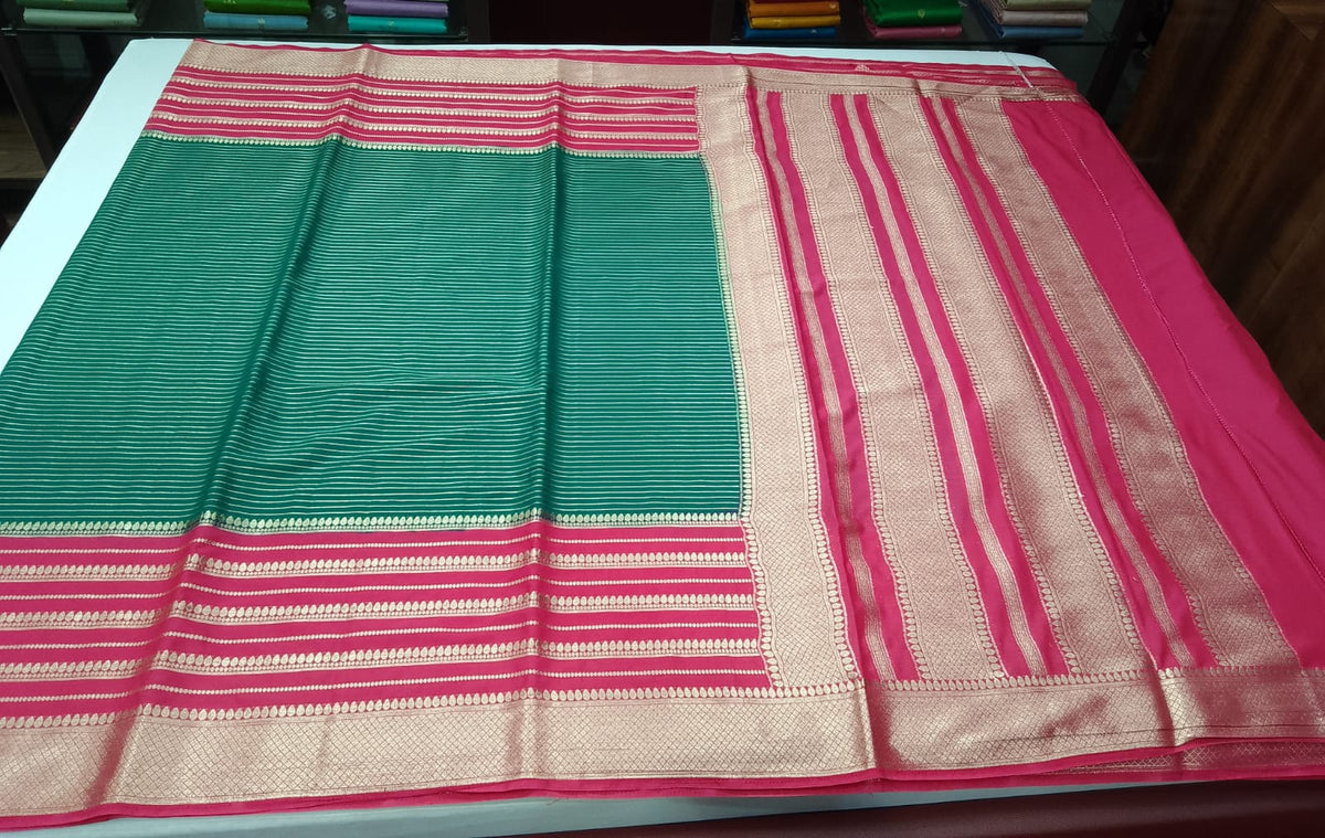 Mysore Semi Silk Bottle Green & Rani Pink Saree with Rich Zari Border