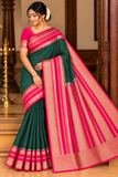 Mysore Semi Silk Bottle Green & Rani Pink Saree with Rich Zari Border