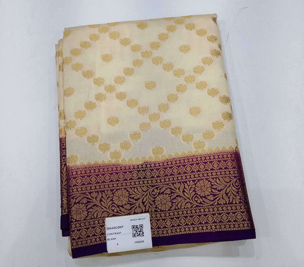 Semi Silk Saree - Ivory Cream & Deep Purple Antique Gold Zari Semi Silk Saree