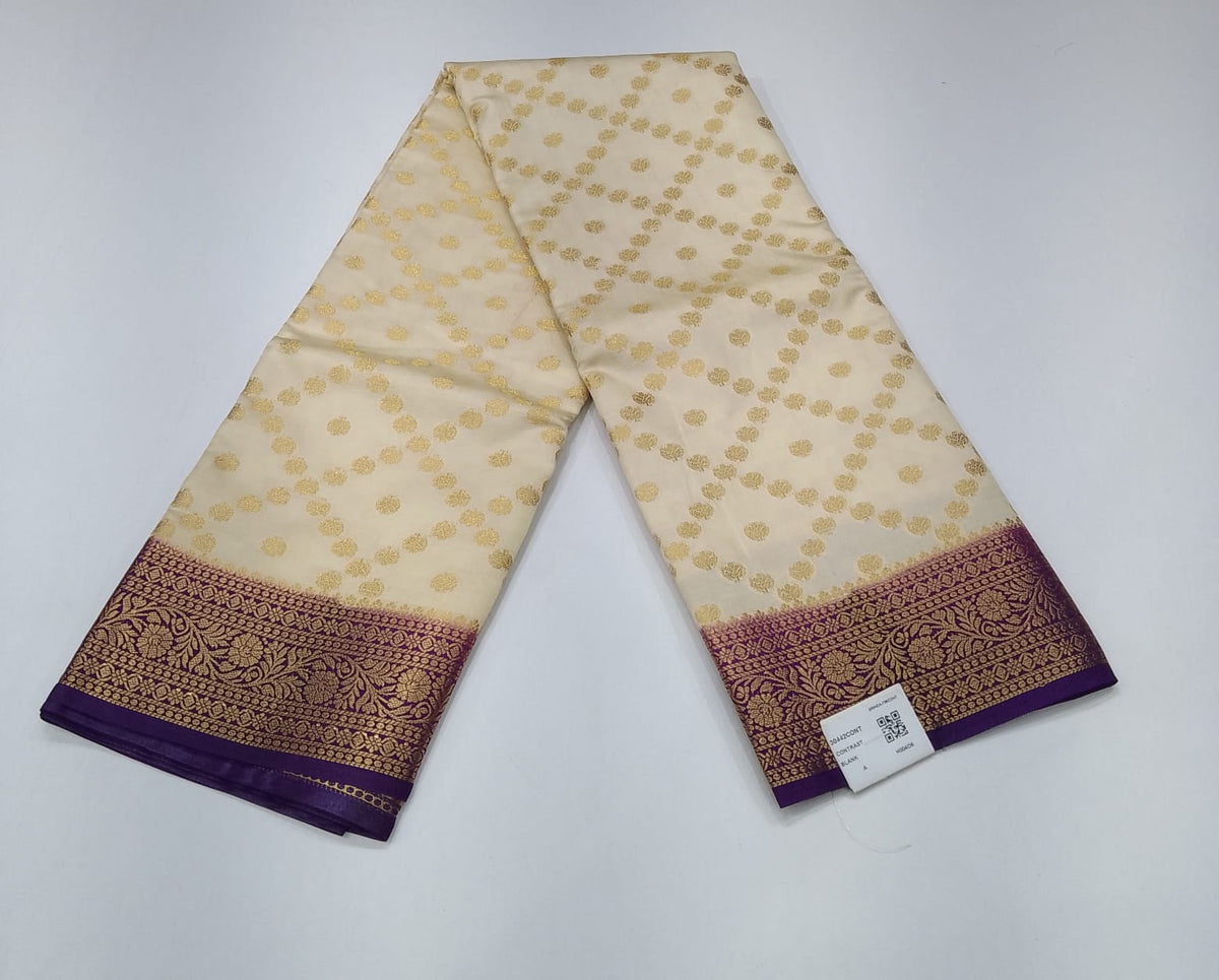 Semi Silk Saree - Ivory Cream & Deep Purple Antique Gold Zari Semi Silk Saree