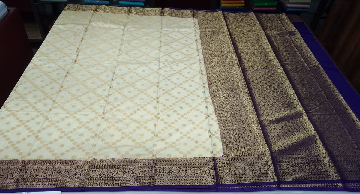 Semi Silk Saree - Ivory Cream & Deep Purple Antique Gold Zari Semi Silk Saree