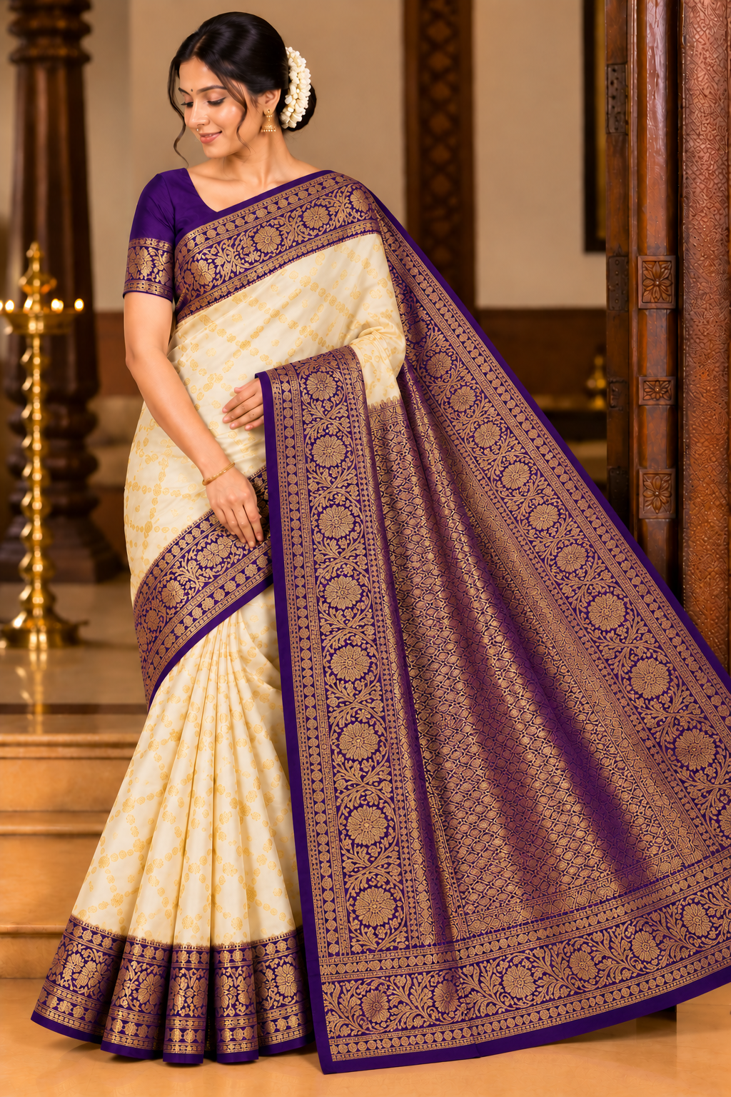 Semi Silk Saree - Ivory Cream & Deep Purple Antique Gold Zari Semi Silk Saree