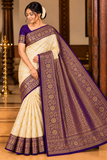 Semi Silk Saree - Ivory Cream & Deep Purple Antique Gold Zari Semi Silk Saree