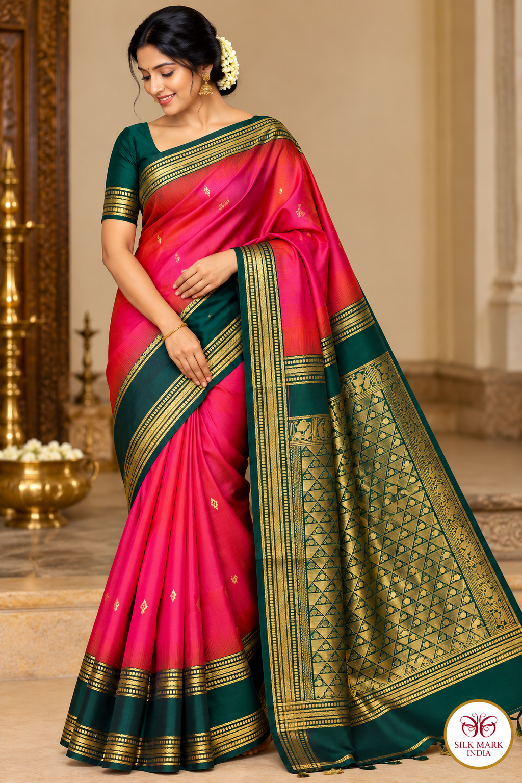 Pure Handloom Soft Silk Dual Shade Silk Saree – Rani Pink & Bottle Green with Antique Gold Zari