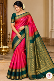 Pure Handloom Soft Silk Dual Shade Silk Saree – Rani Pink & Bottle Green with Antique Gold Zari