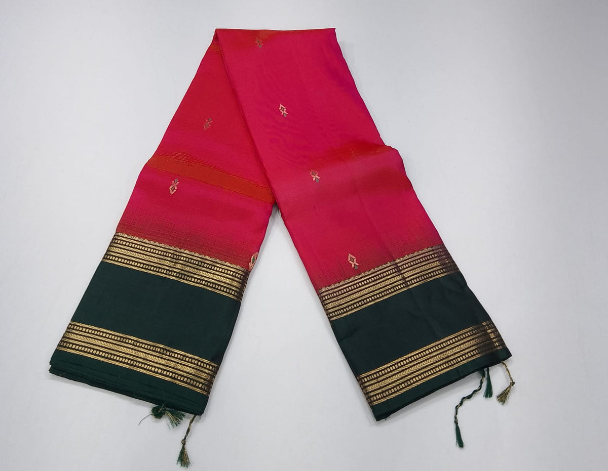 Pure Handloom Soft Silk Dual Shade Silk Saree – Rani Pink & Bottle Green with Antique Gold Zari