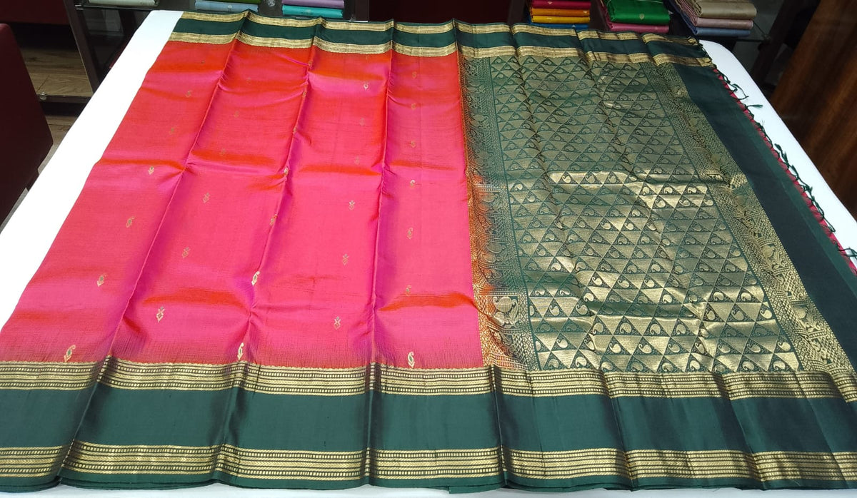 Pure Handloom Soft Silk Dual Shade Silk Saree – Rani Pink & Bottle Green with Antique Gold Zari