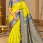 Pure Handloom Soft Silk Saree – Lime Yellow & Slate Grey with Antique Gold Zari