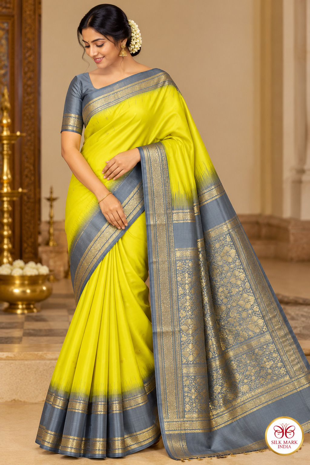 Pure Handloom Soft Silk Saree – Lime Yellow & Slate Grey with Antique Gold Zari