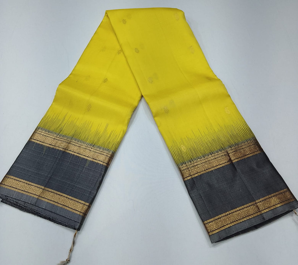Pure Handloom Soft Silk Saree – Lime Yellow & Slate Grey with Antique Gold Zari