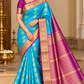 Pure Handloom Kanjivaram Silk Saree – Turquoise Blue & Magenta Purple with Antique Gold Zari