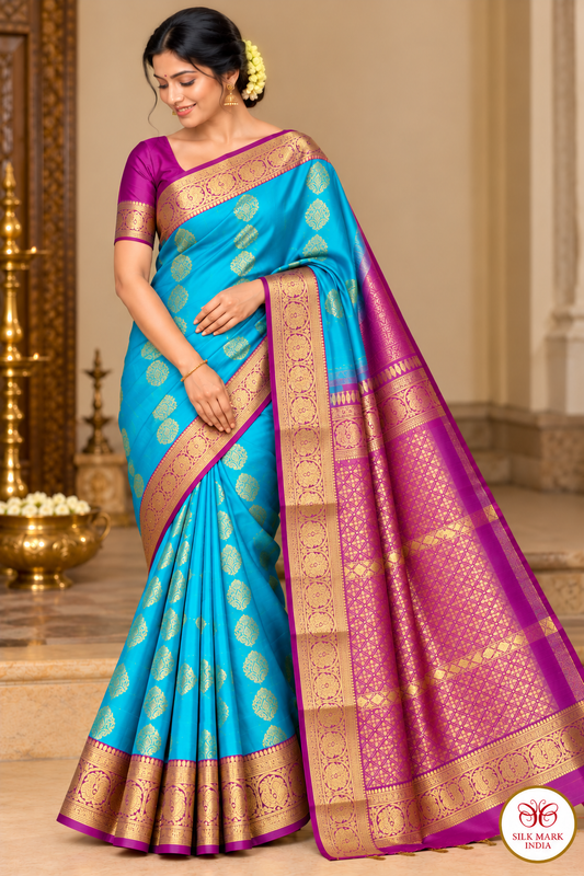 Pure Handloom Kanjivaram Silk Saree – Turquoise Blue & Magenta Purple with Antique Gold Zari