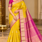 Pure Handloom Kanjivaram Silk Saree – Mango Yellow & Magenta Pink with Antique Gold Zari