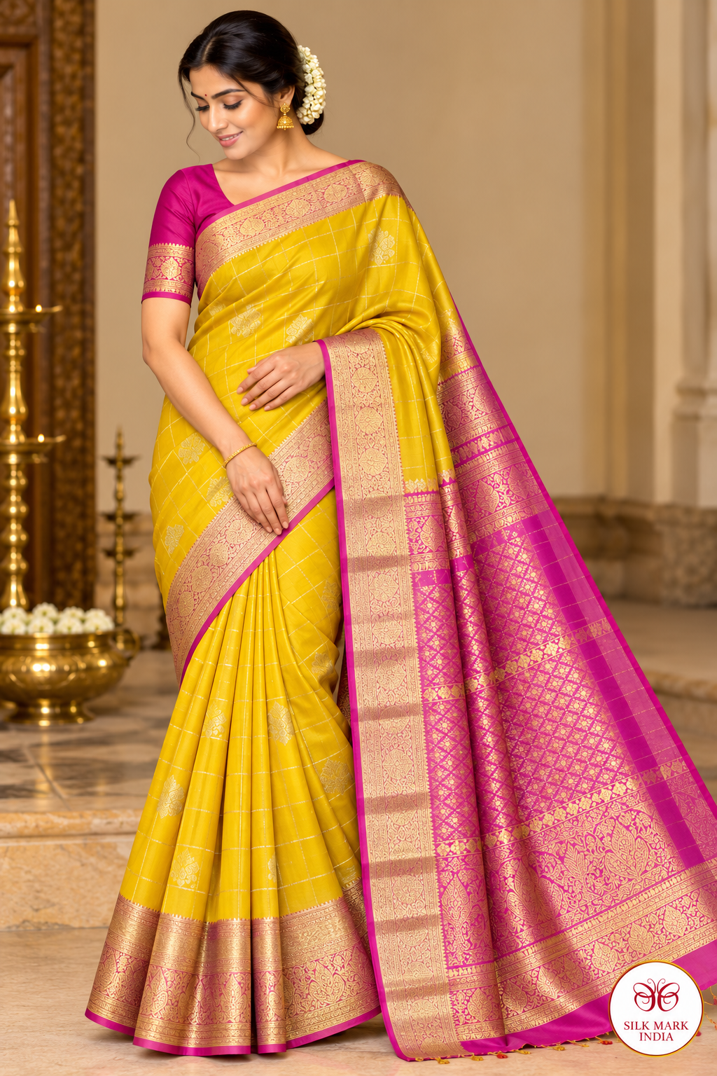 Pure Handloom Kanjivaram Silk Saree – Mango Yellow & Magenta Pink with Antique Gold Zari