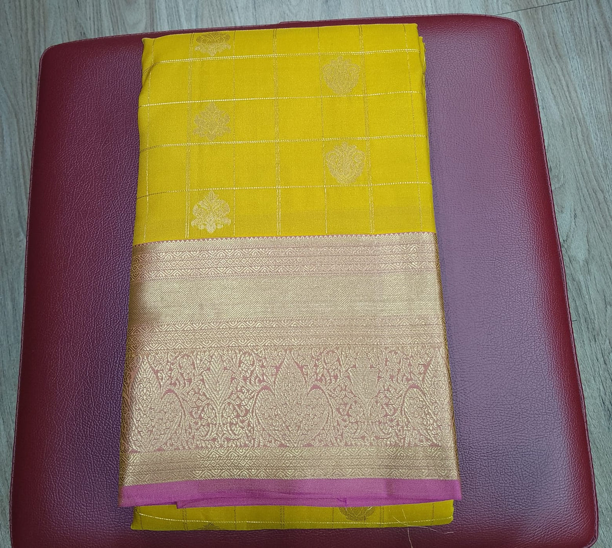 Pure Handloom Kanjivaram Silk Saree – Mango Yellow & Magenta Pink with Antique Gold Zari