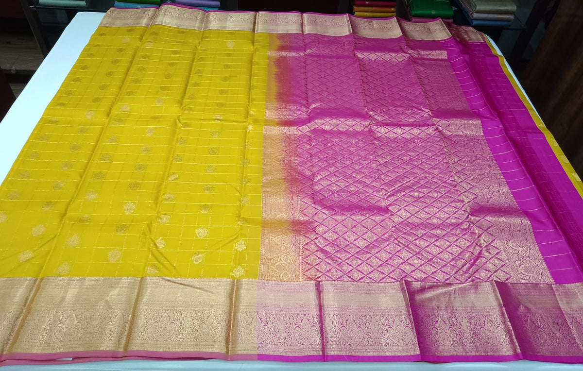 Pure Handloom Kanjivaram Silk Saree – Mango Yellow & Magenta Pink with Antique Gold Zari