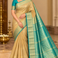 Pure Handloom Kanjivaram Silk Saree – Champagne Gold & Turquoise Teal with Antique Gold Zari