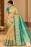 Pure Handloom Kanjivaram Silk Saree – Champagne Gold & Turquoise Teal with Antique Gold Zari