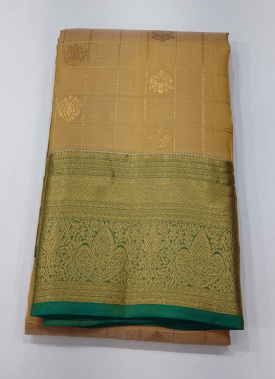 Pure Handloom Kanjivaram Silk Saree – Champagne Gold & Turquoise Teal with Antique Gold Zari